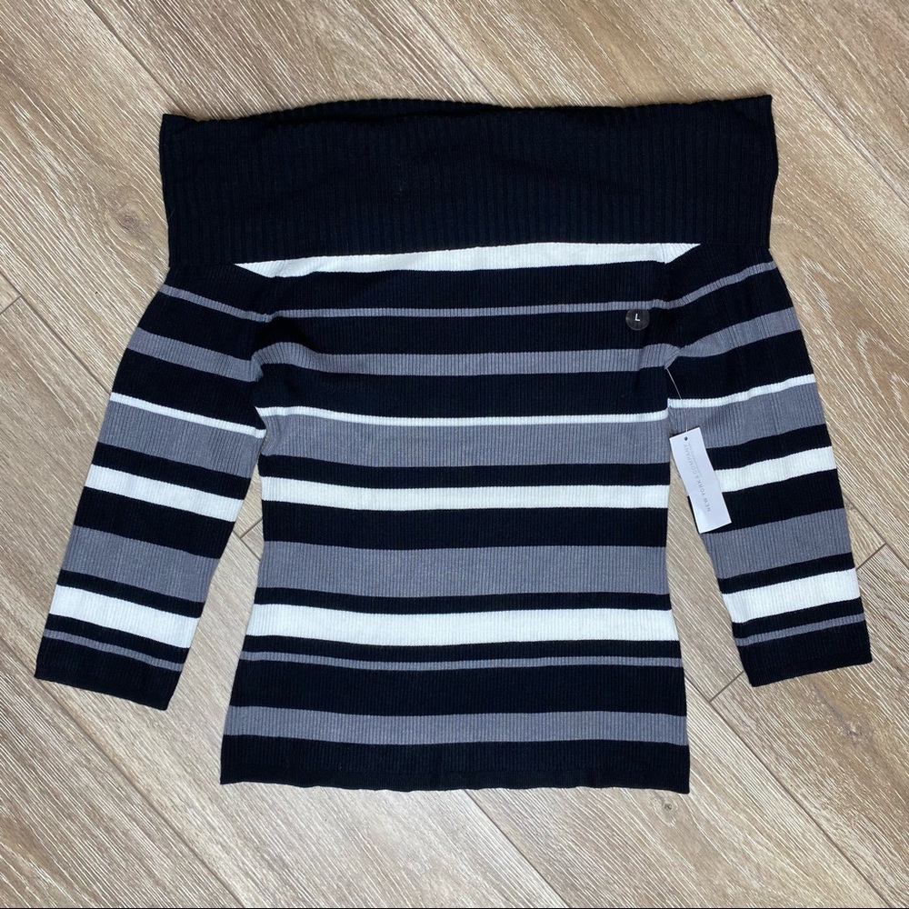 NY&CO | Black + Gray Striped Off Shoulder Sweater